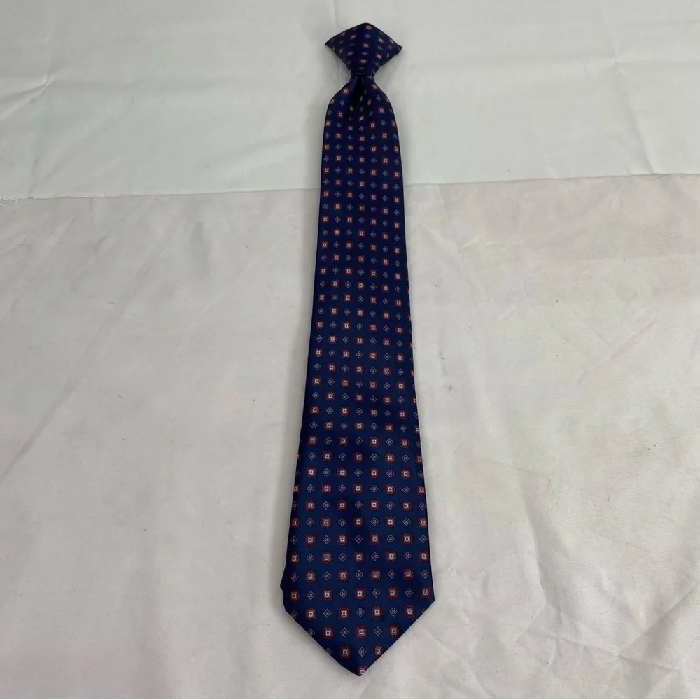 Vintage Ketch Silk Tie – Navy Blue Red Geometric Pattern